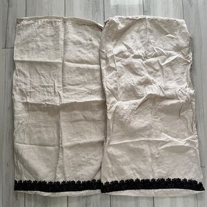 2 West Elm King Linen Pillow Cases 20×36 Beige With Black Flower Embroidery